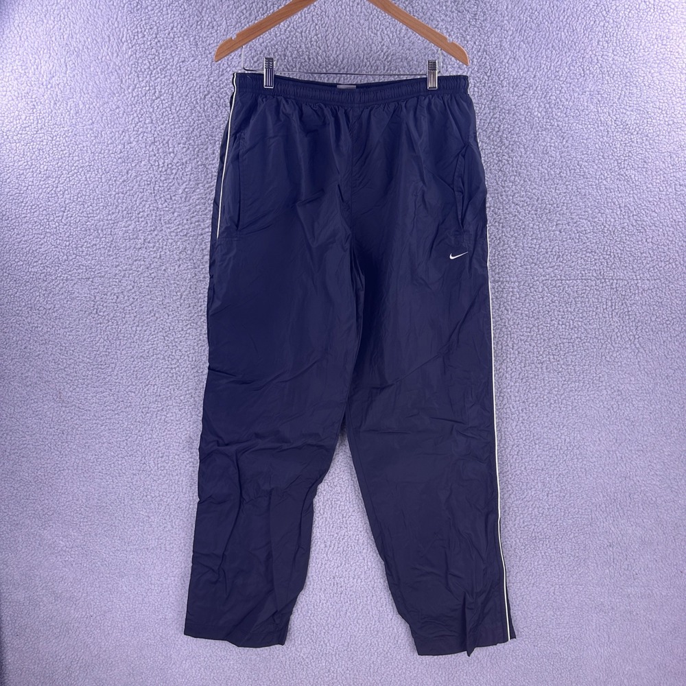 Vintage Nike Mens XL Black Nylon Track Pants White Piping Baggy Y2K